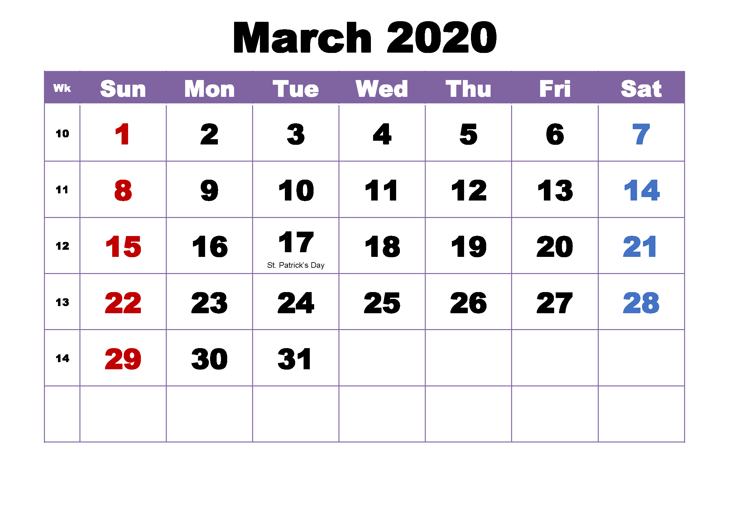 Blank Calendar 2020