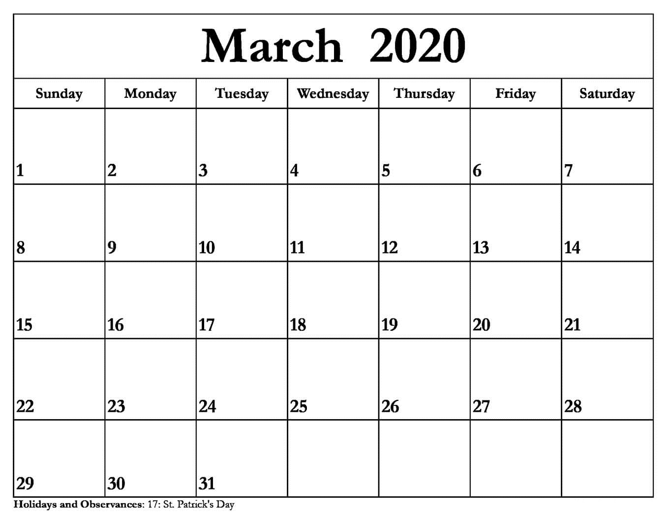 Blank Calendar 2020