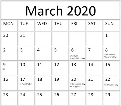 Blank Calendar 2020