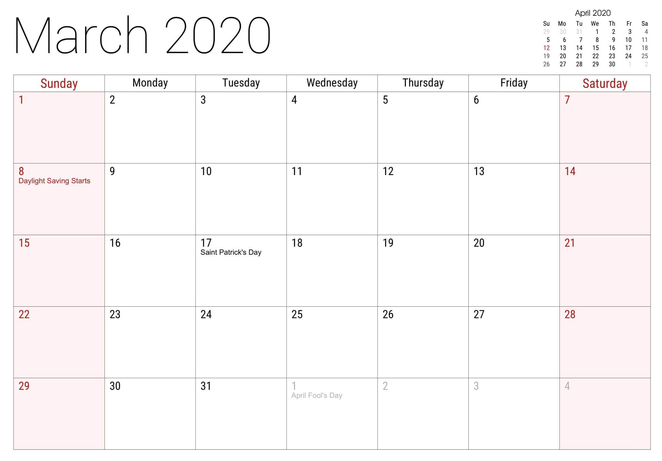 Blank Calendar 2020