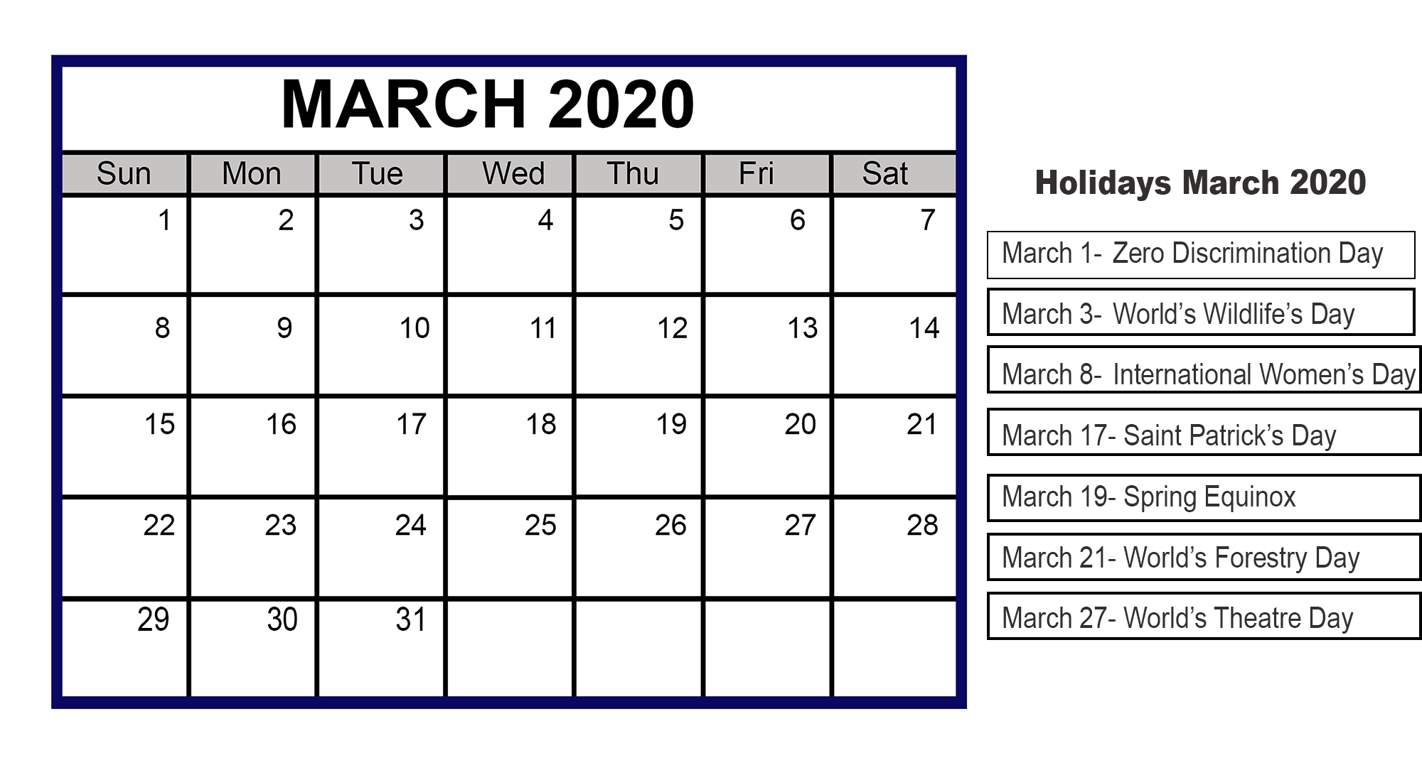 Blank Calendar 2020