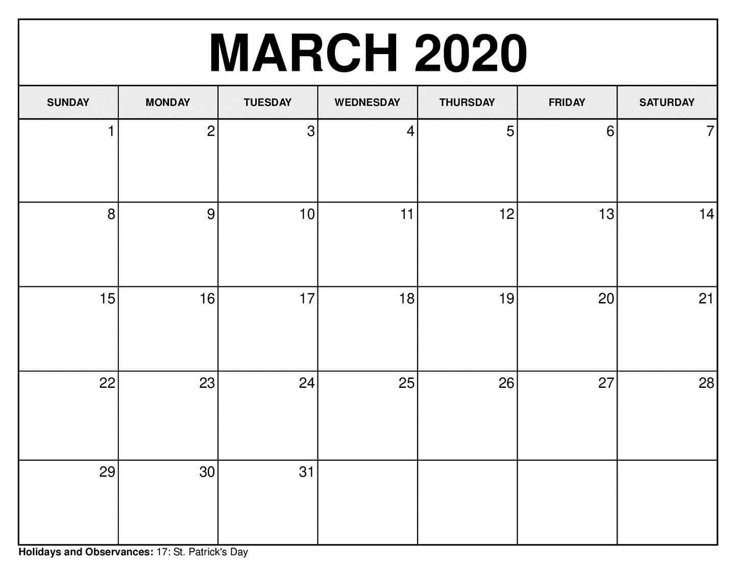 2020 Printable Calendar