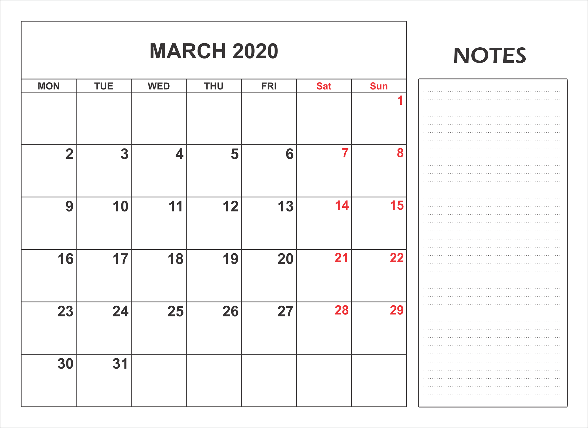 2020 Printable Calendar