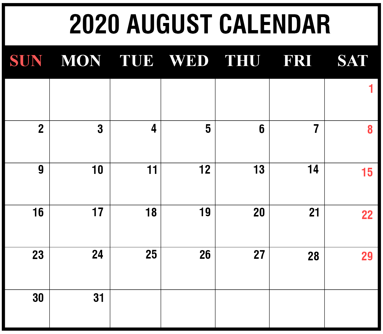 August 2020 Calendar Template