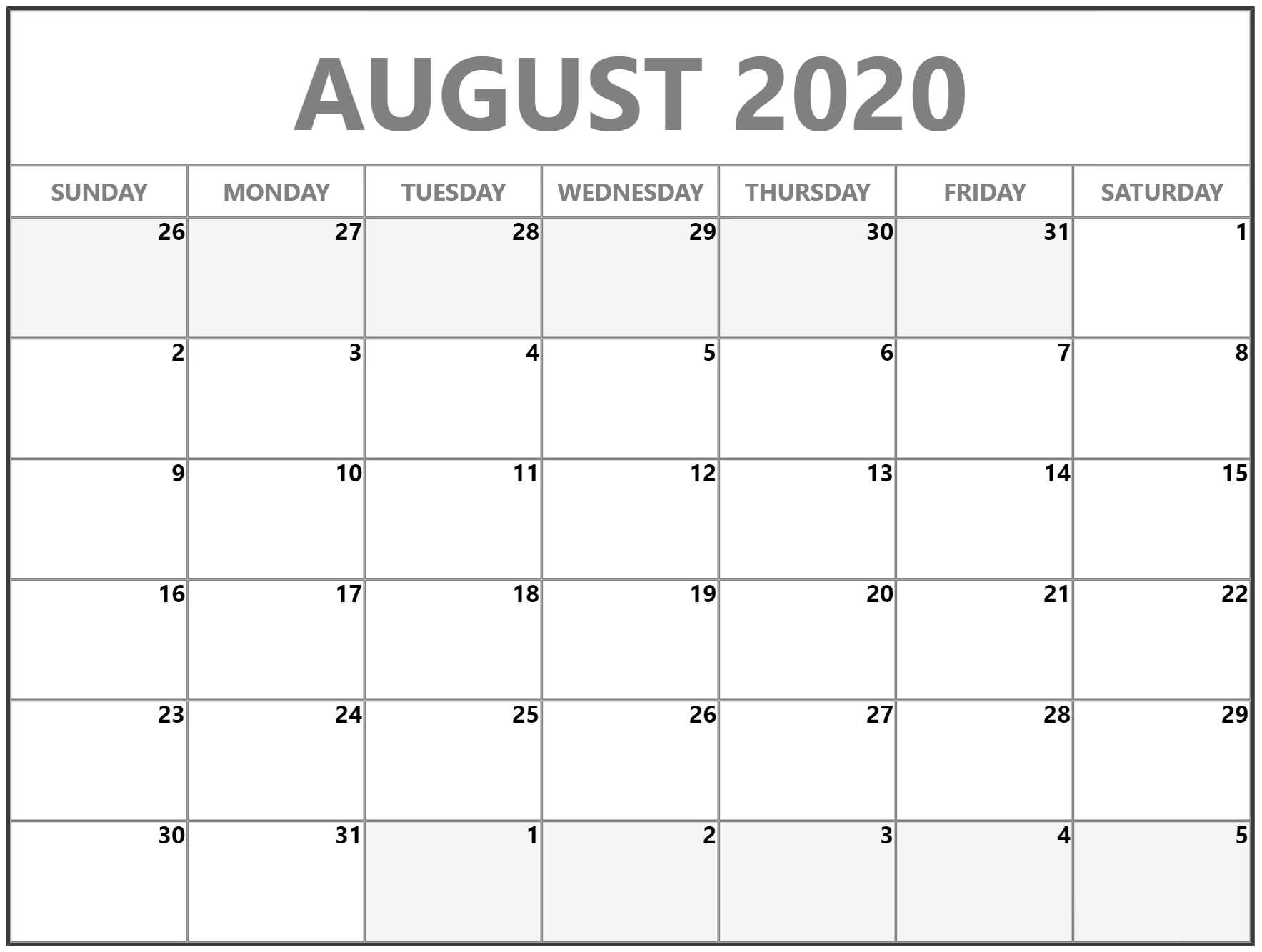 August 2020 Calendar Printable