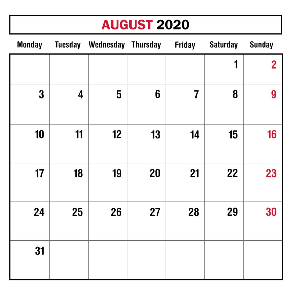 August 2020 Calendar