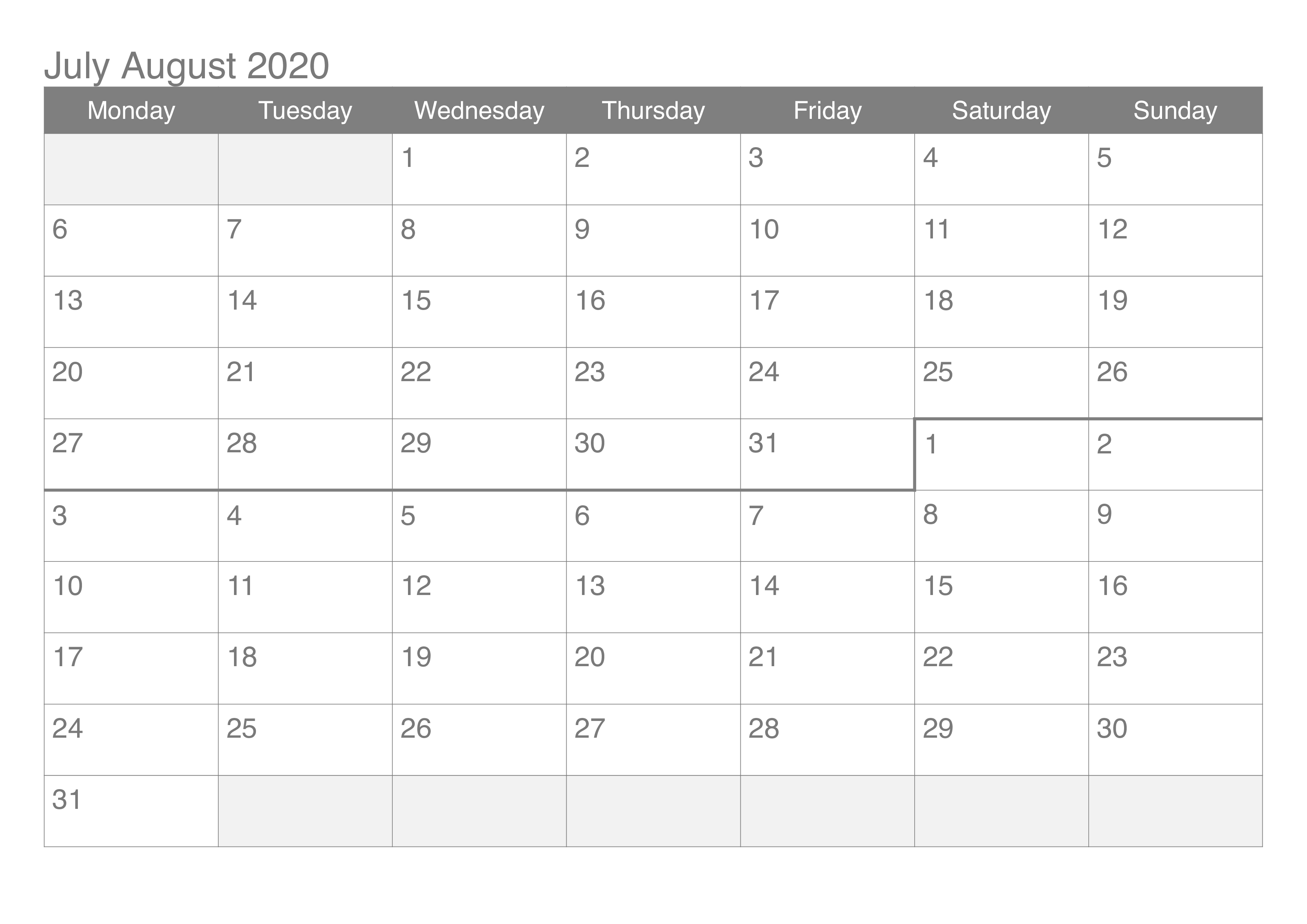 August 2020 Calendar