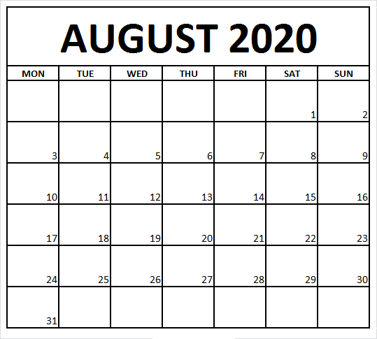 August 2020 Monthly Calendar