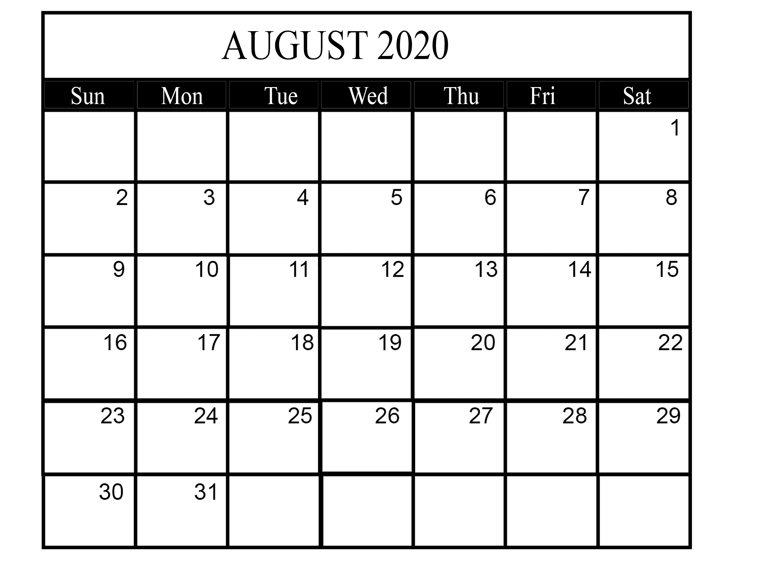 August 2020 Weekly Calendar Template