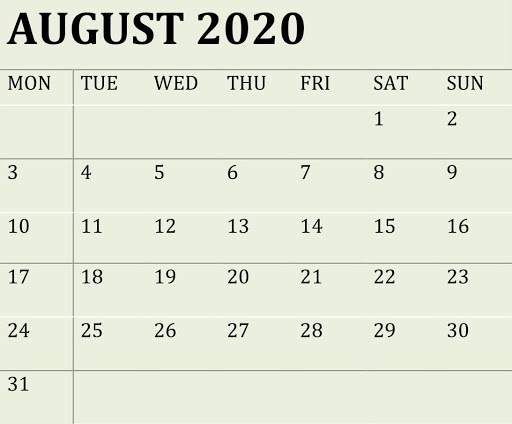 August Calendar 2020