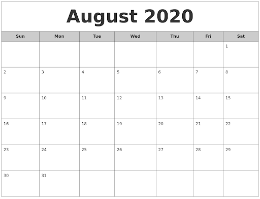 August Calendar 2020