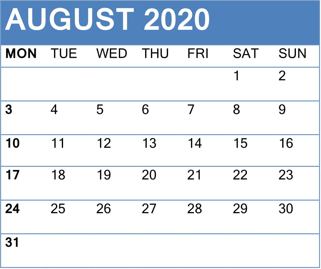 August Calendar 2020