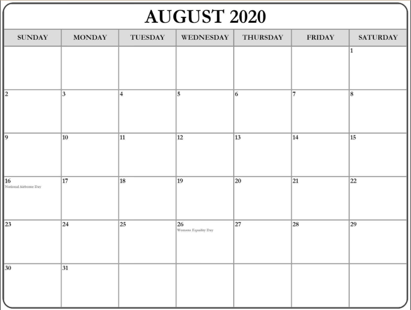 August Calendar 2020