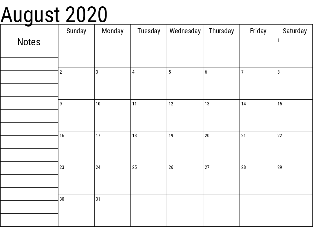 August Calendar 2020