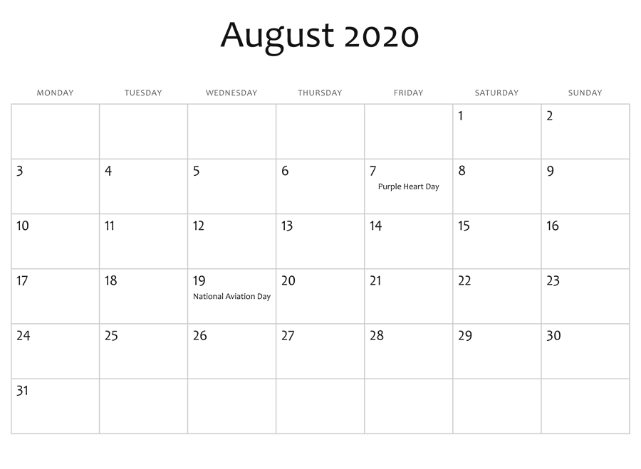 August Calendar 2020