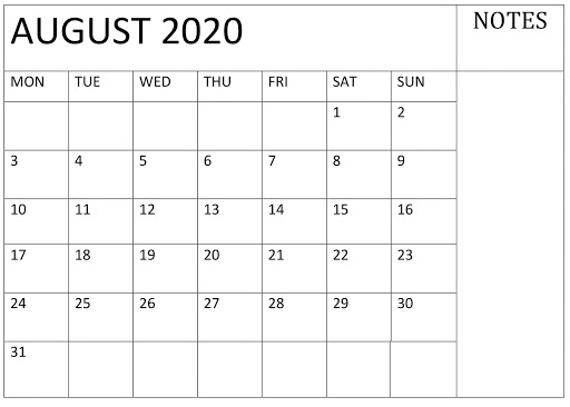 August Calendar 2020