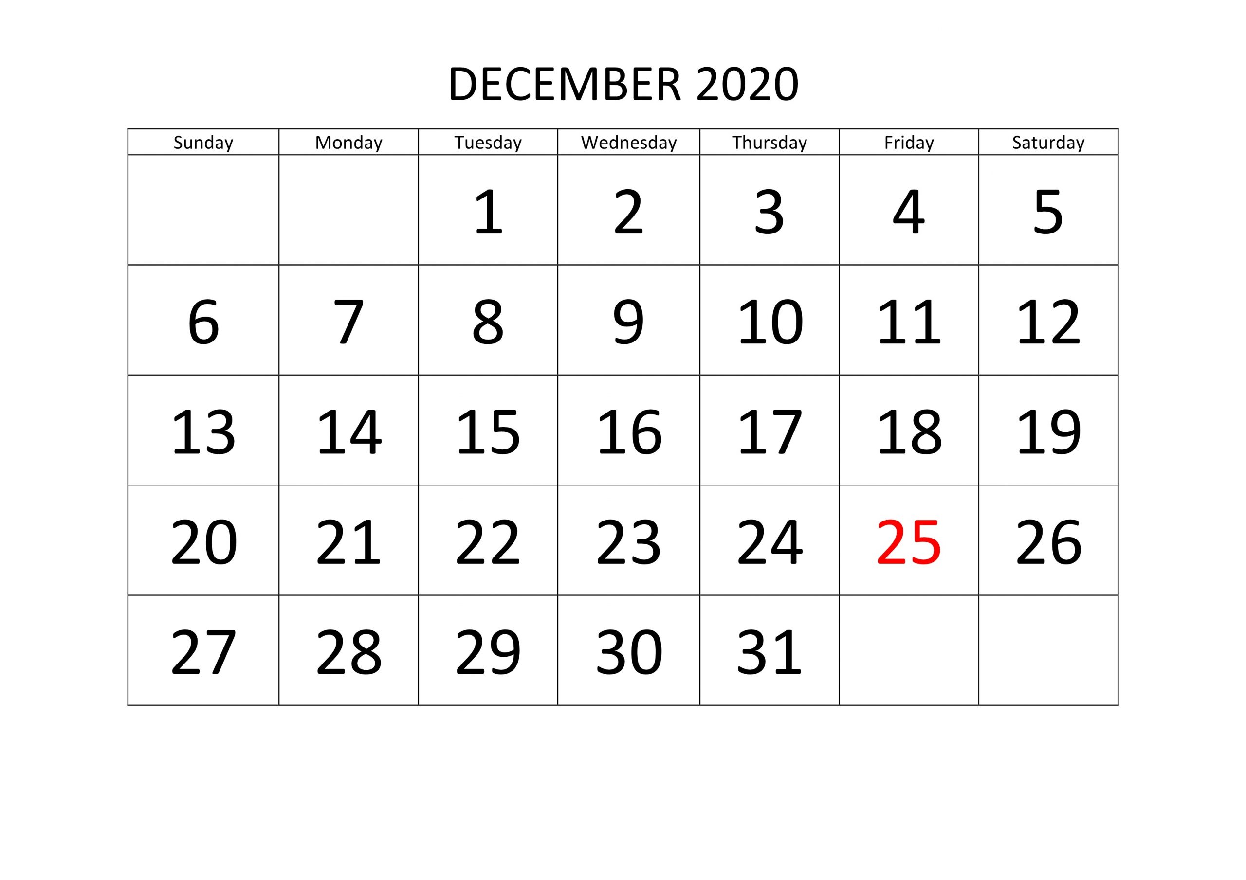 Calendar for December 2020