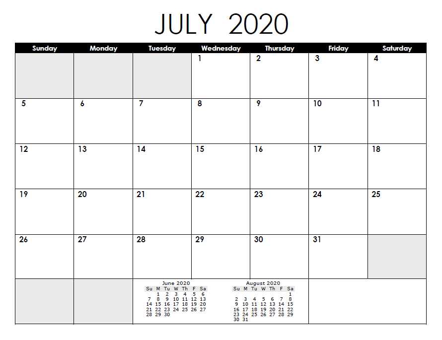 Blank August 2020 Calendar
