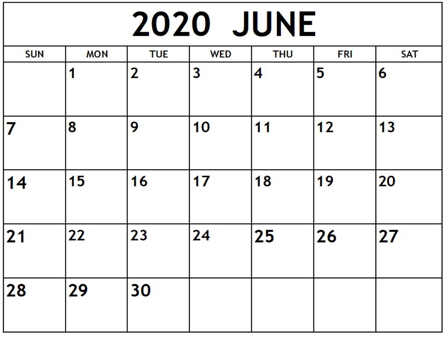 Blank Calendar Template June 2020