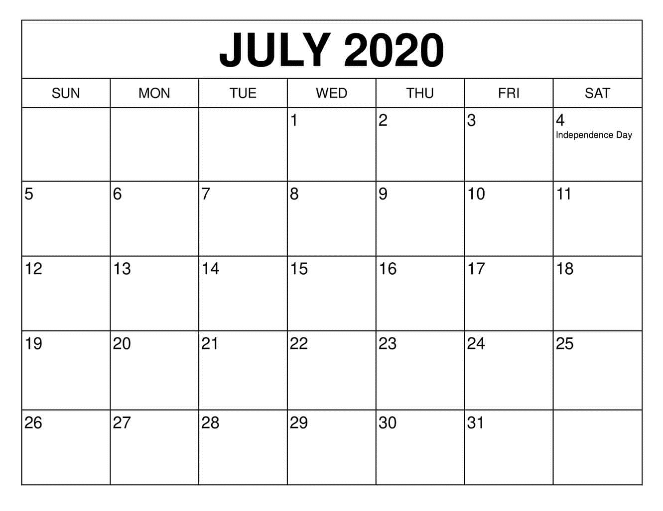 Calendar for July 2020