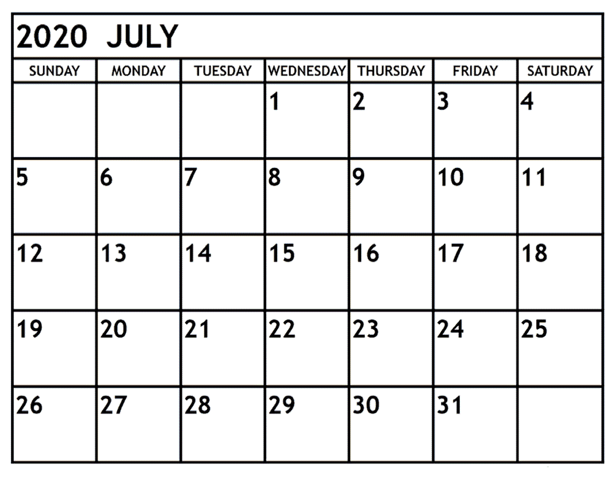 Blank July 2020 Calendar Fillable