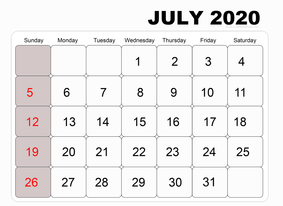 2020 July Calendar