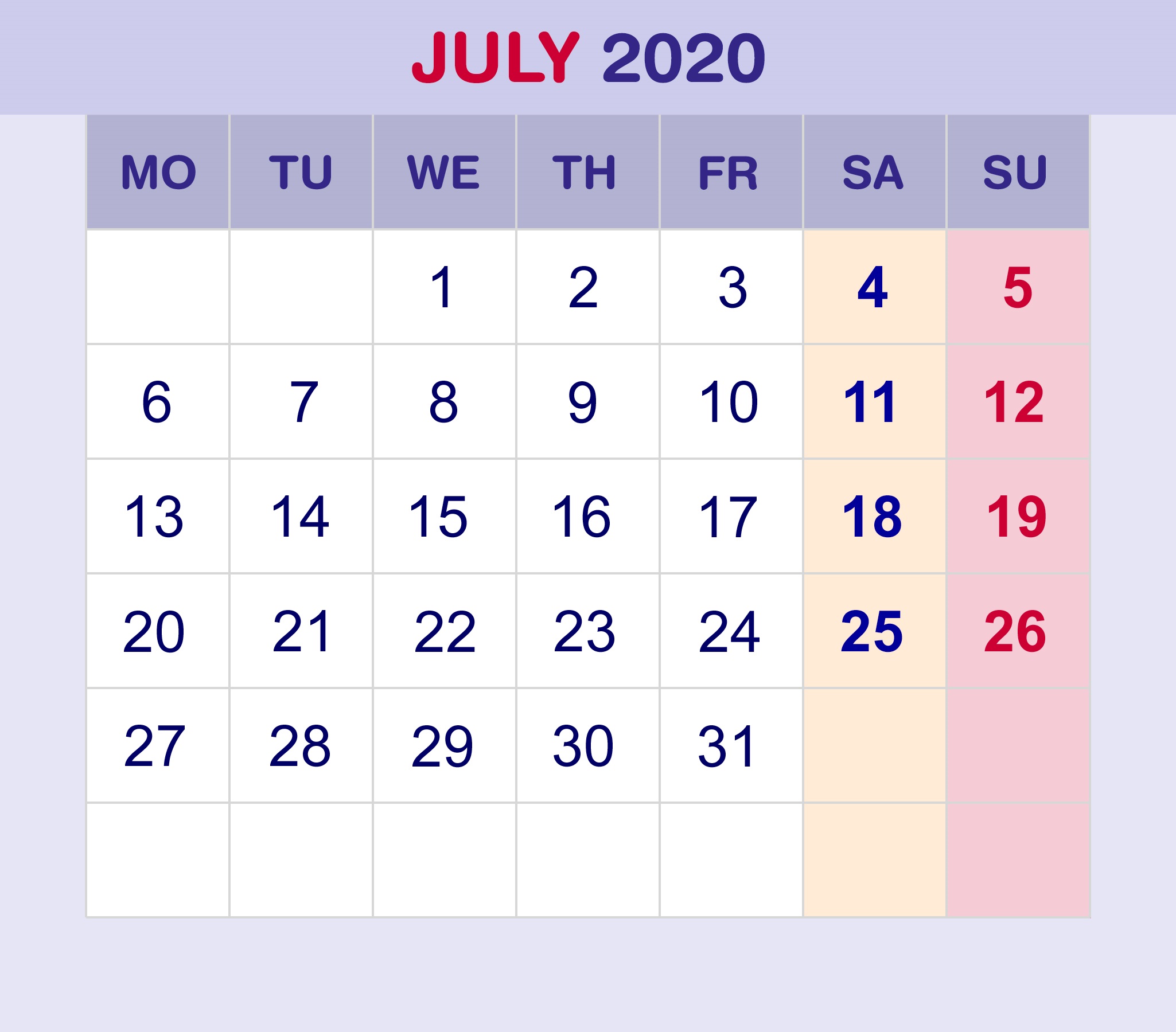 2020 July Calendar