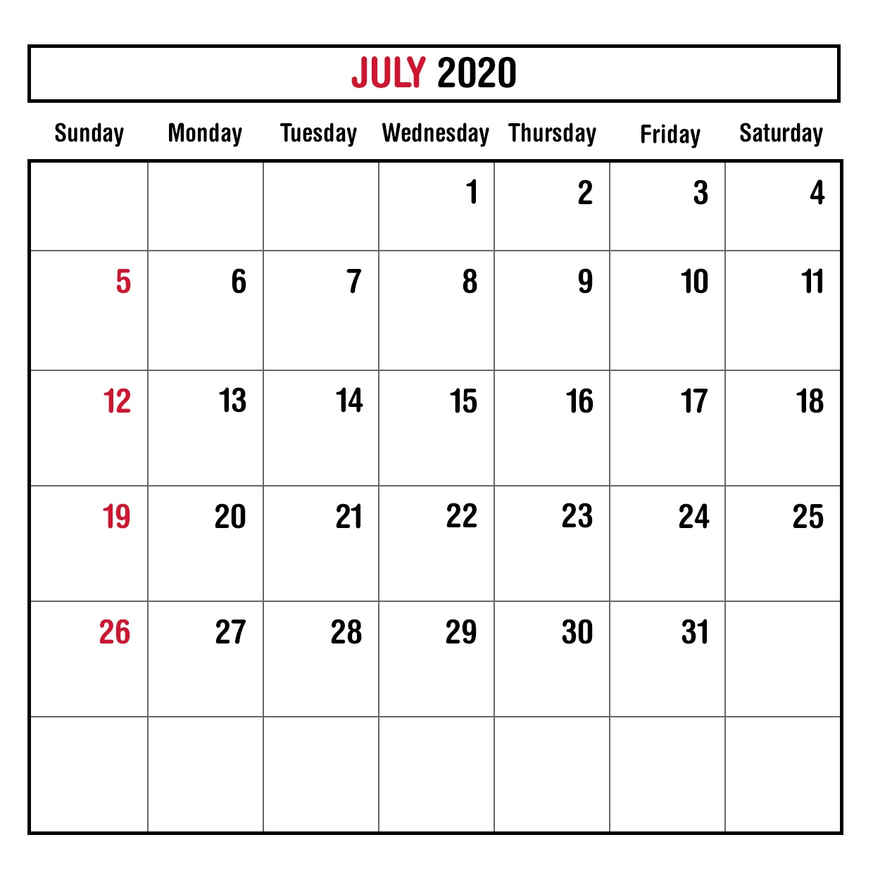 2020 July Calendar