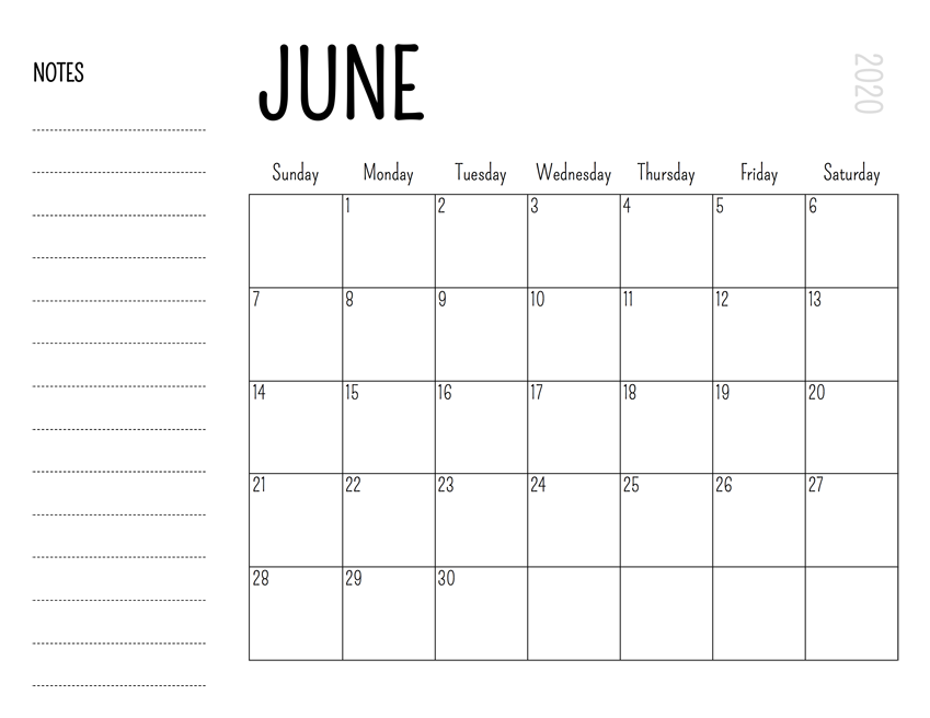 Blank June 2020 Calendar PDF