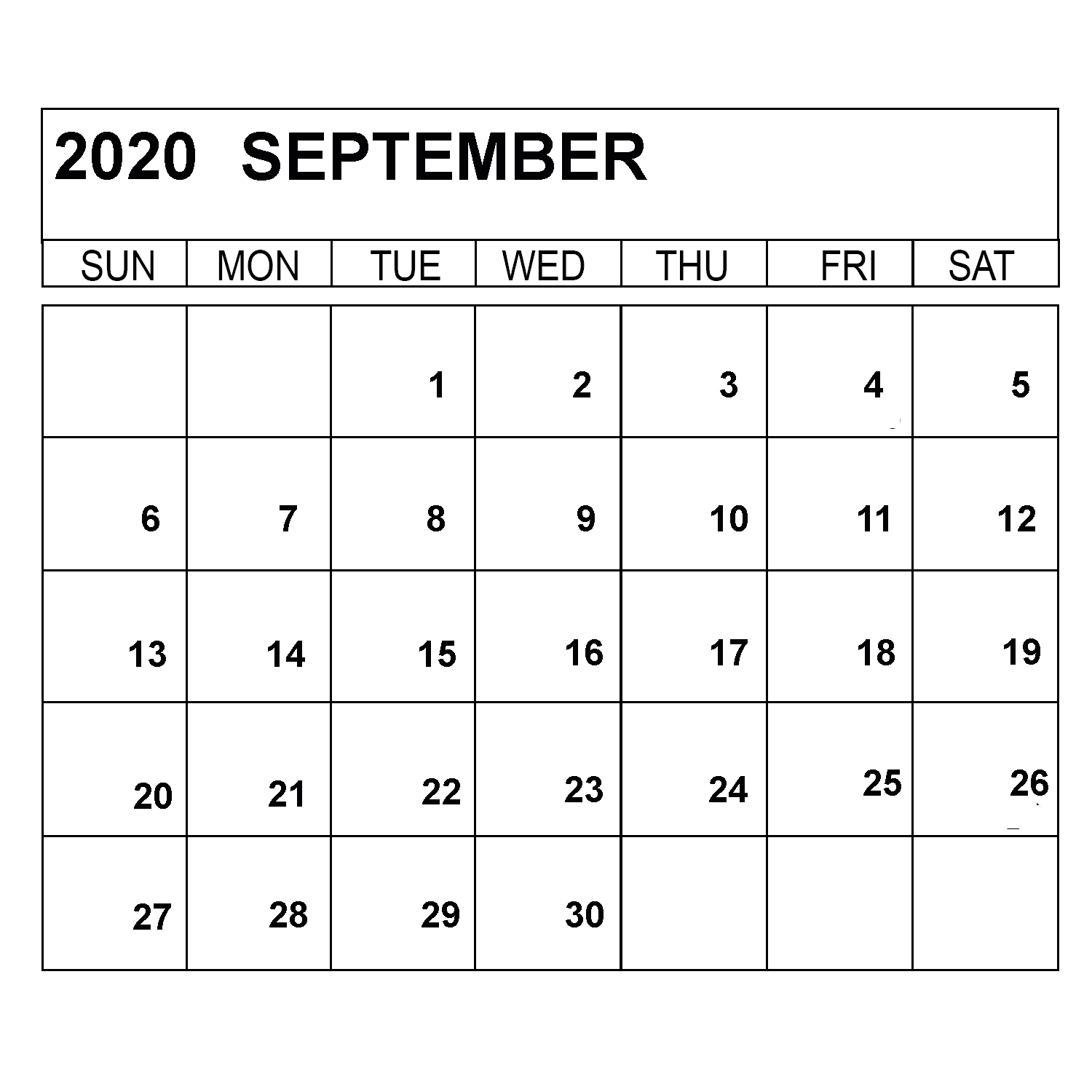 Blank September 2020 Weekly Calendar