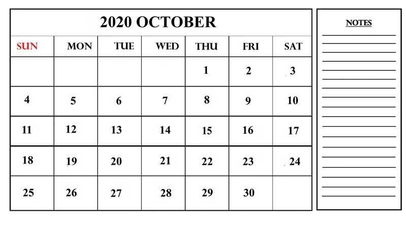 Calendar for October 2020