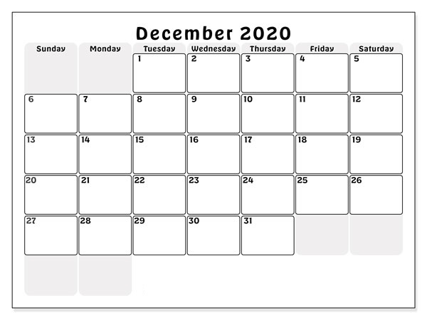 Calendar for December 2020