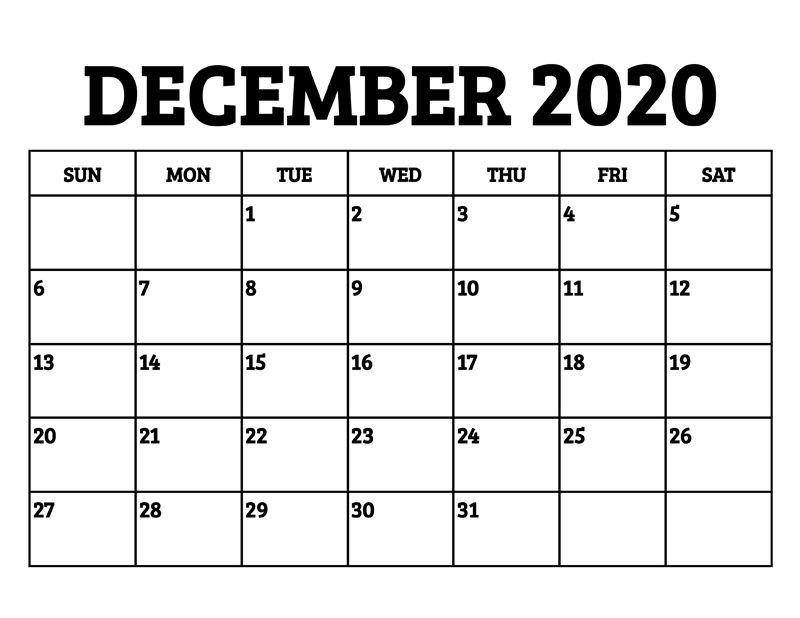 Calendar for December 2020