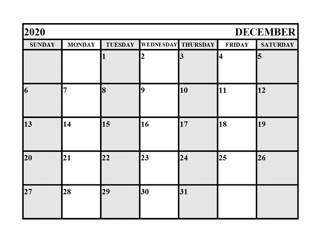Calendar for December 2020