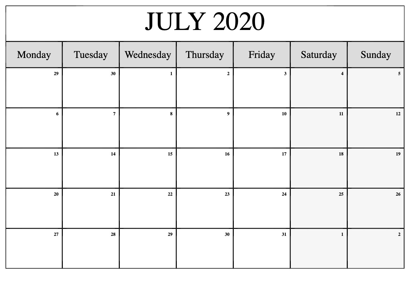 Calendar July 2020