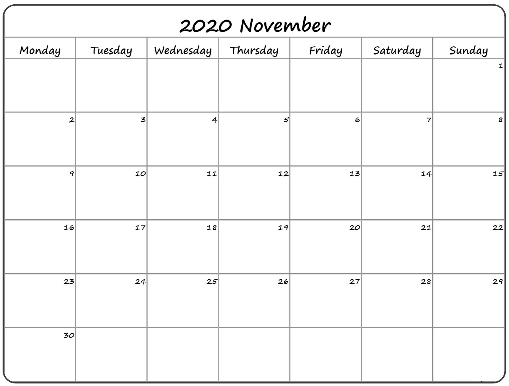 Calendar for November 2020