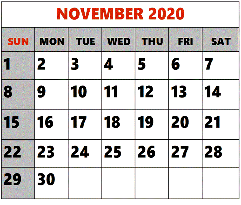 Calendar for November 2020