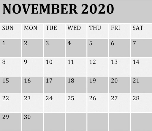 Calendar for November 2020