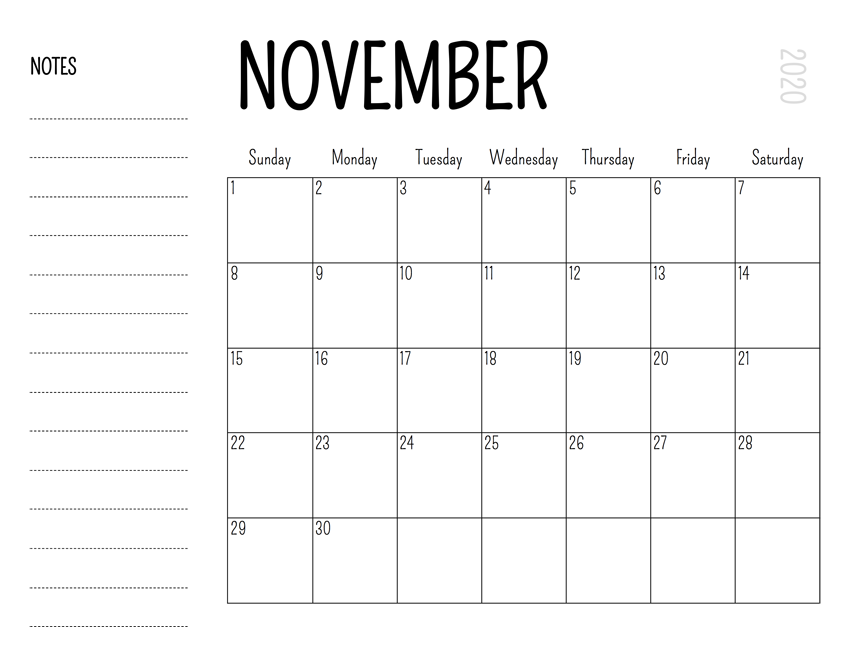 Calendar for November 2020