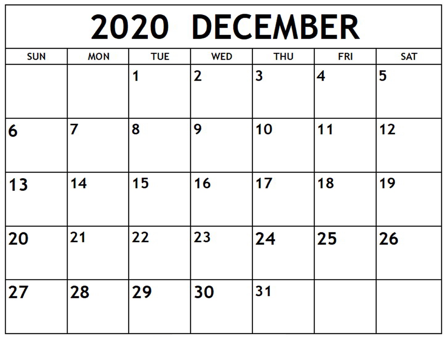 Calendar for December 2020