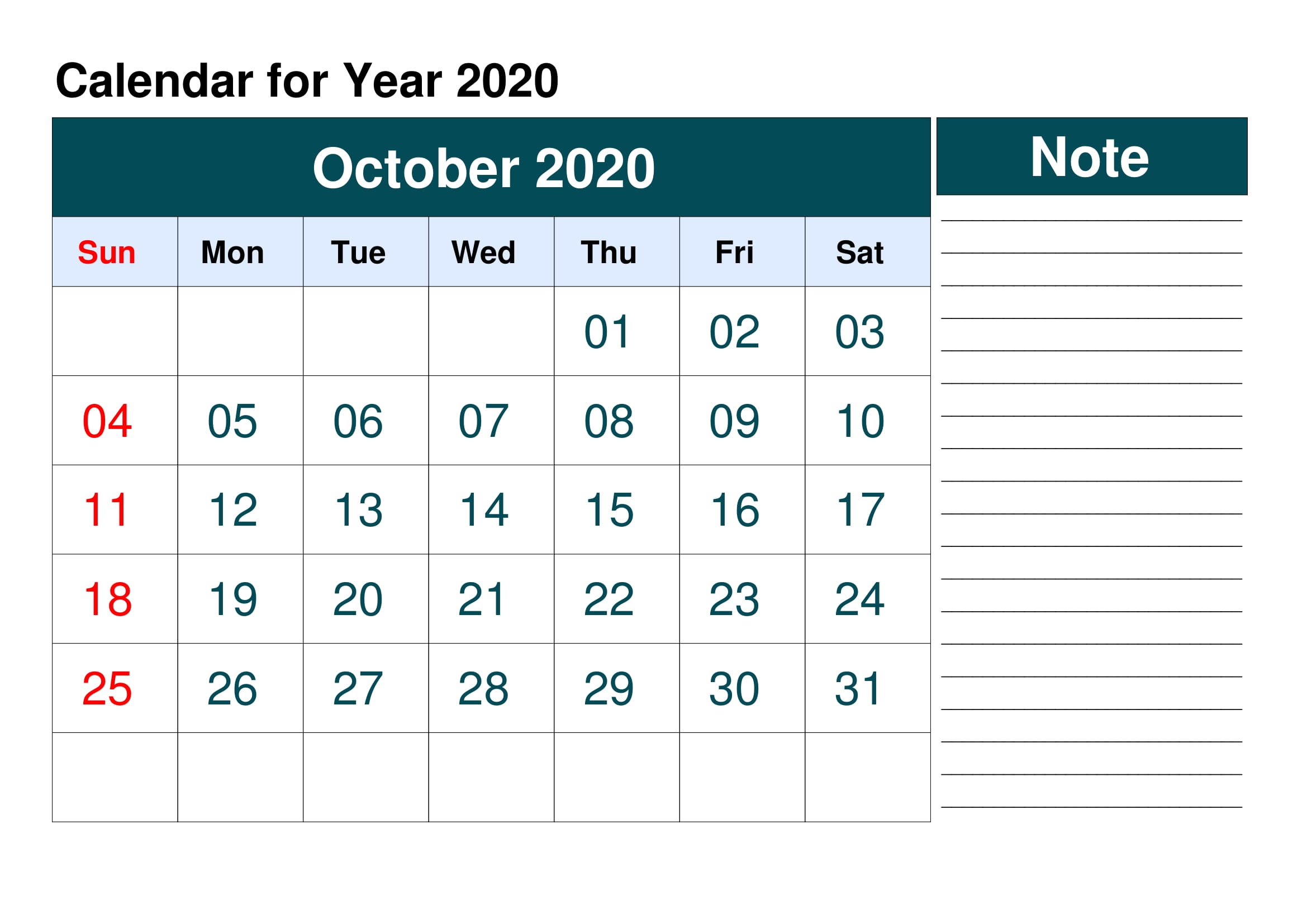 Calendar October 2020