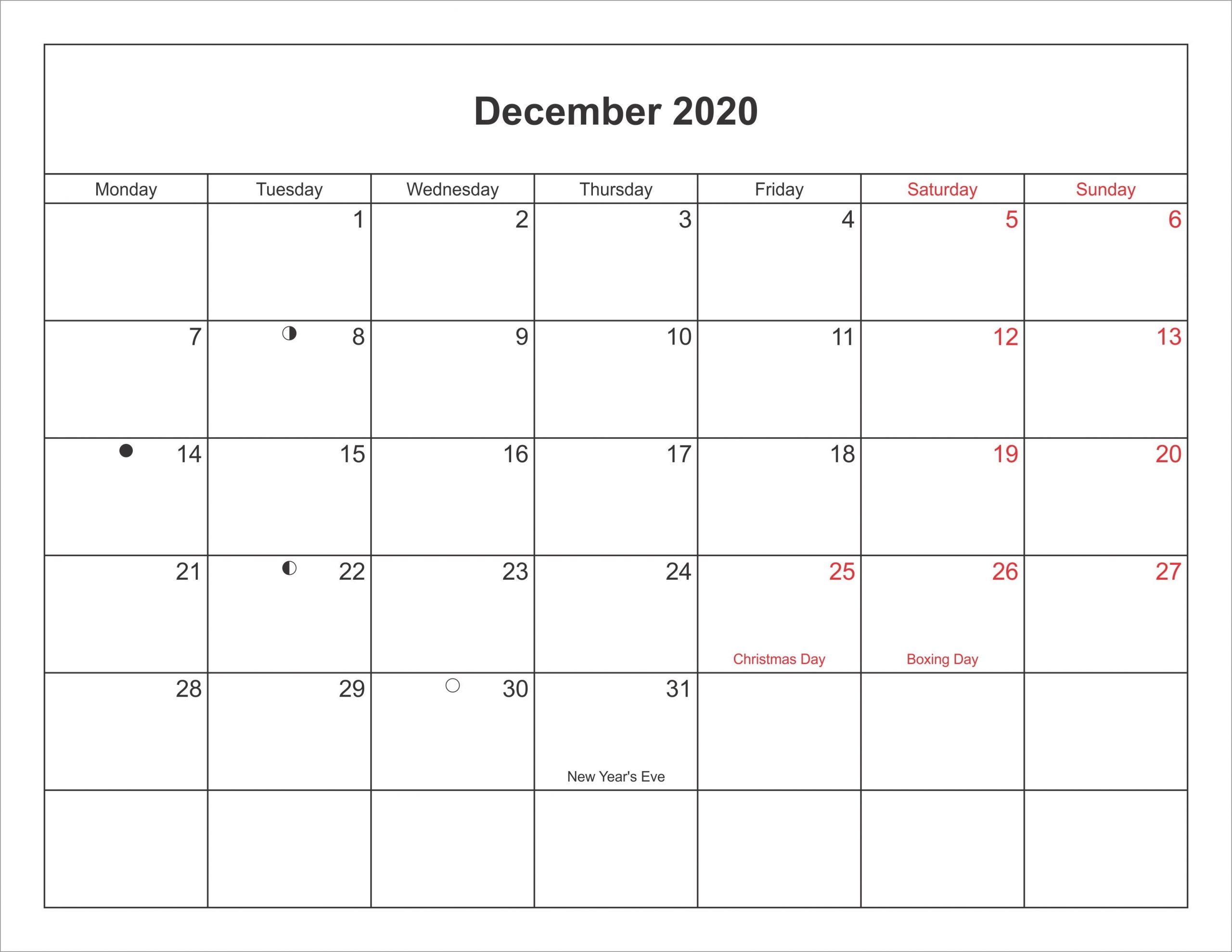 December 2020 Calendar Printable