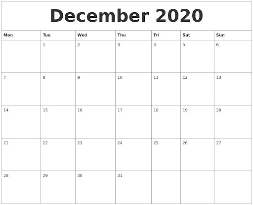 December 2020 Calendar