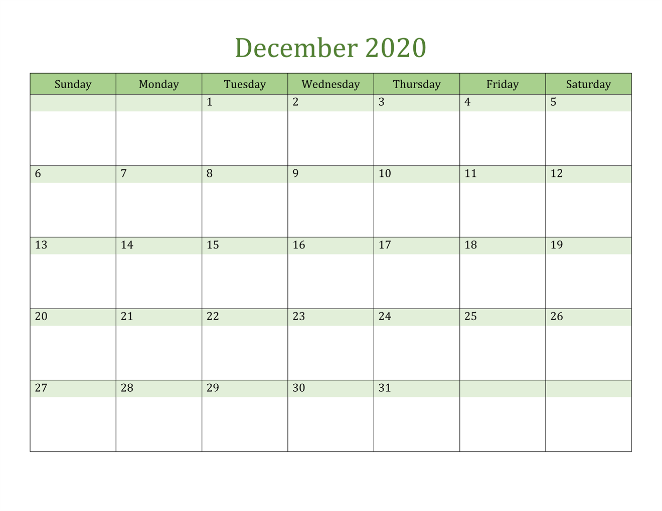 December 2020 Calendar