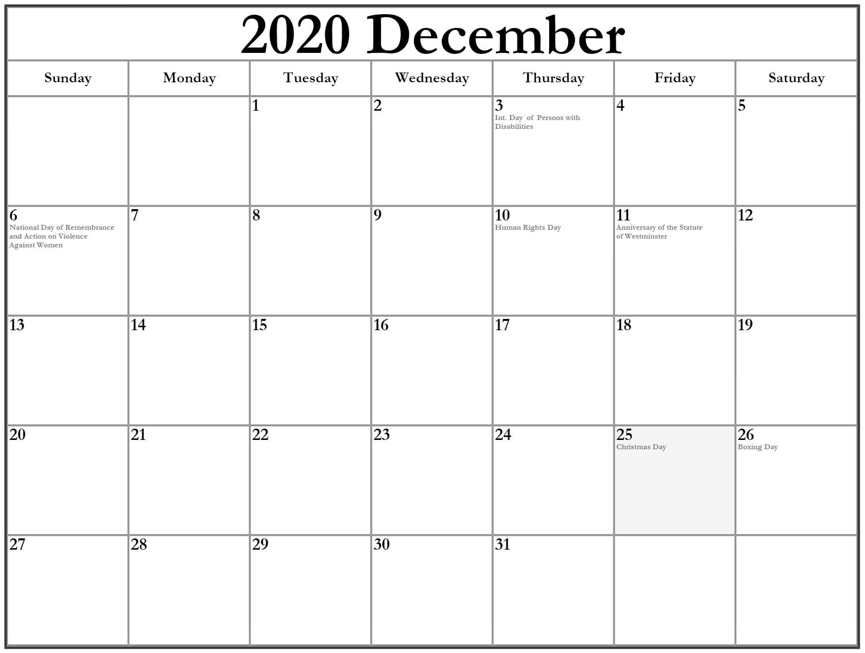 December 2020 Calendar