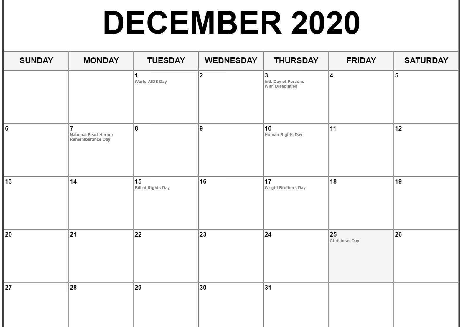 December 2020 Calendar