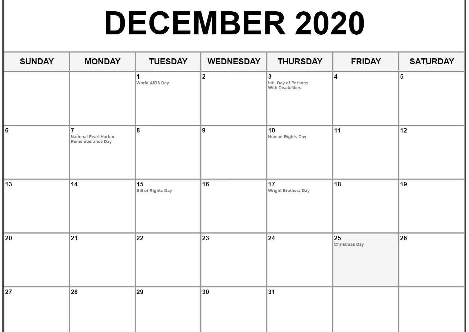 December 2020 Calendar