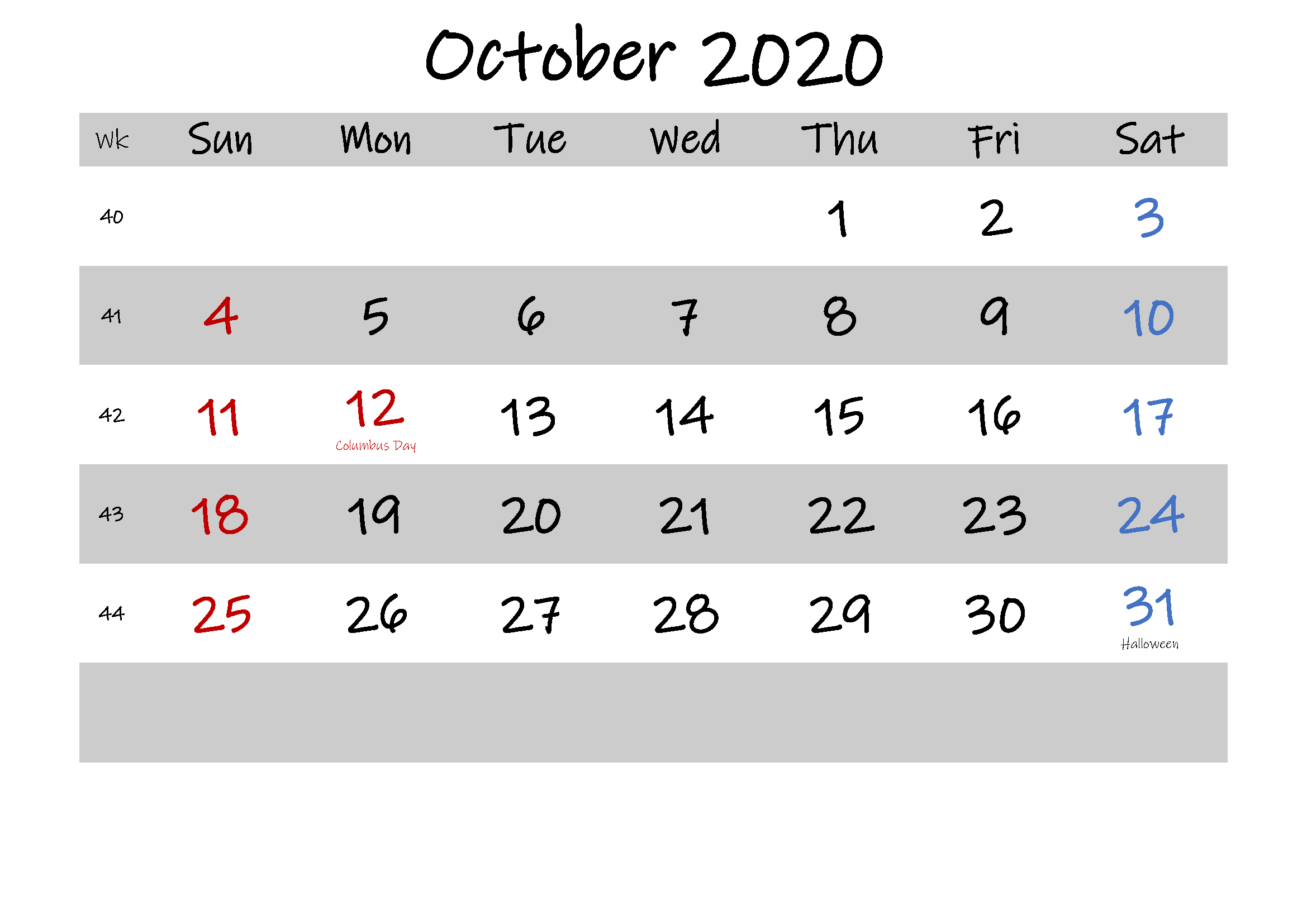 Editable October Calendar