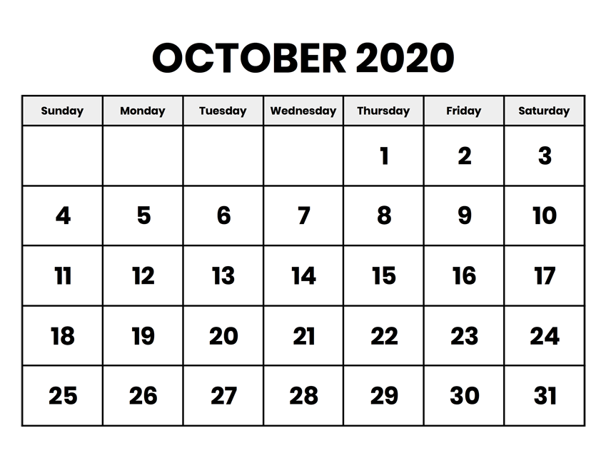 Editable October Calendar