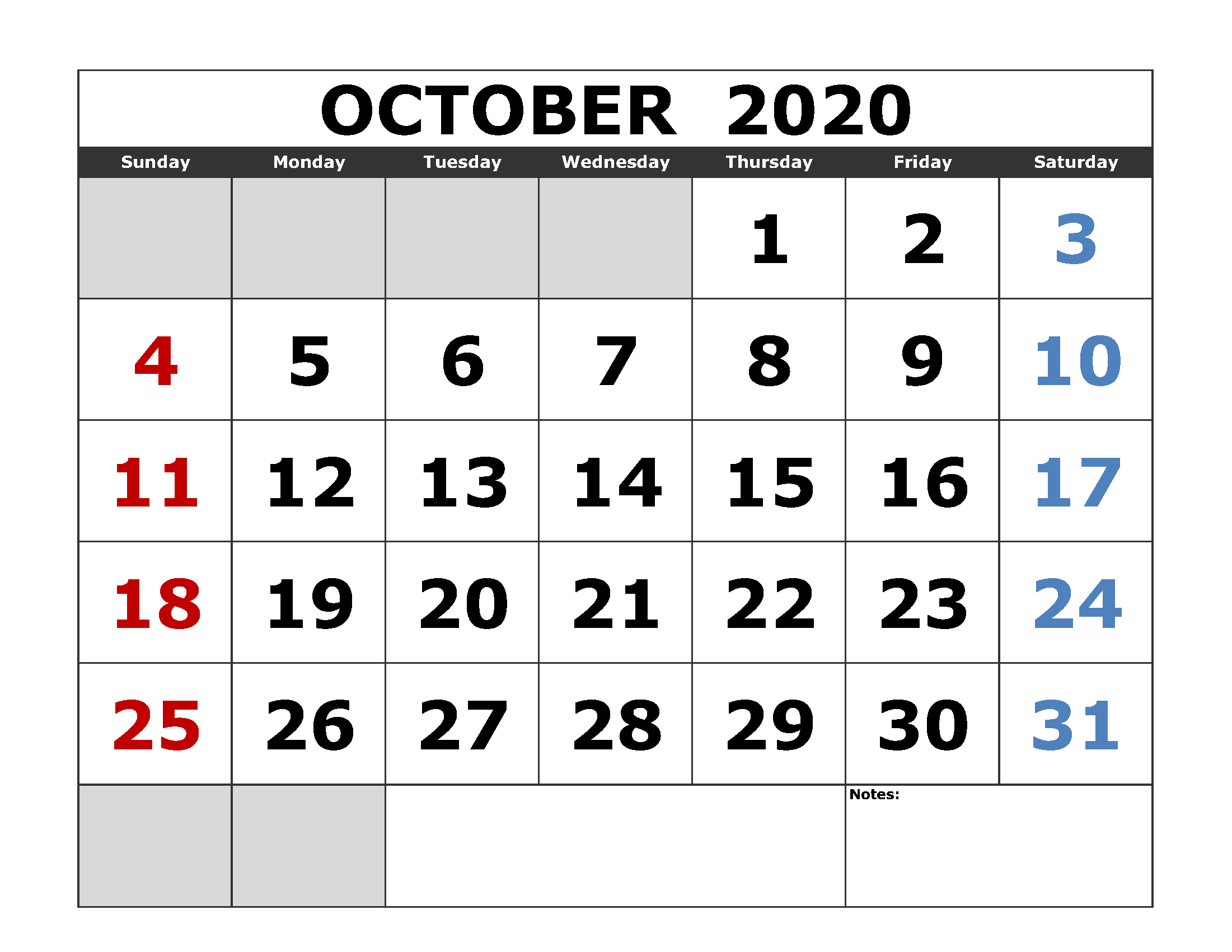 Calendar for October